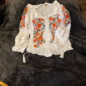 Stunning Boho Chic Savanna Jane White Blouse with Colorful Floral Embroidery